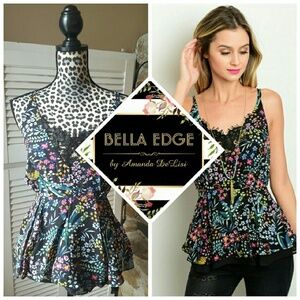 Bella Edge Black Floral Lace-Trim Tank Top